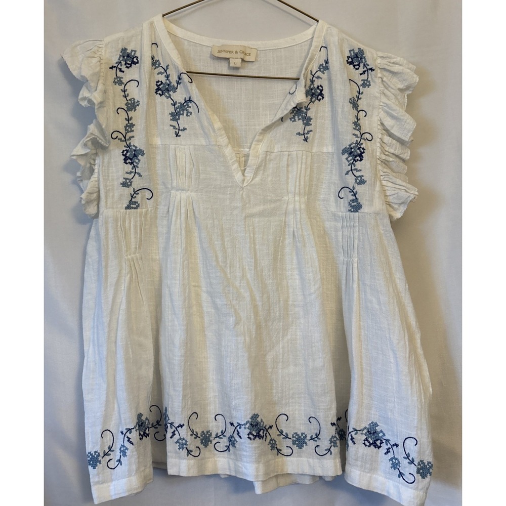 Jennifer & Grace Embroidered Peasant Blouse Cotton Gauze L Romantic Floral Boho